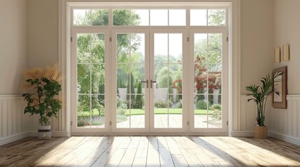 Double patio french doors with windows exiting to sunny backyard