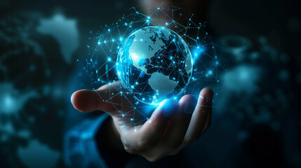 Wall Mural - Businessman touching virtual display to connect digital software of network services. Digital future. Generative AI