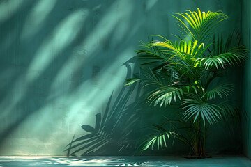 Wall Mural - A close-up view of a palm tree casting a shadow on a wall, creating a striking visual contrast with its green leaves, with copy space