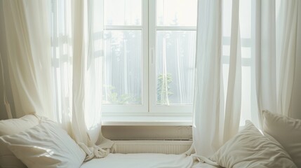 Poster - bright room interior, curtains, white window sill, pillows, plaster.