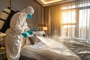 Work of an exterminator in a protective suit and breathing mask applying bed bug spray to a double bed in a hotel room