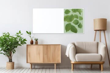 Poster - Living room interior with mock-up poster frame, wooden sideboard and sofa. Home green decor