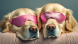 Two golden retriever dogs sleeping in pink sleeping masks