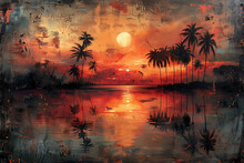 A Painting Depicting A Vibrant Sunset With Silhouetted Palm Trees Against The Colorful Sky
