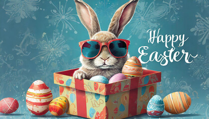 Wall Mural - Happy Easter concept holiday greeting card with Cool Easter bunny, rabbit in the gift