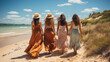 Four women walking hand-in-hand on a sunny beach, showcasing unity and the serene joy of a summer day