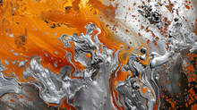 Molten Metal In A Foundry, Bright Orange And Silver Hues Of The Melty Metallic Texture, Industrial Background, Atmosphere Of Heat And Transformation