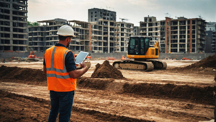 Engineer with tablet at construction site of real estate project.