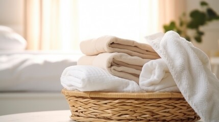 Wall Mural - Wicker basket with clean towels on table in bathroom, closeup