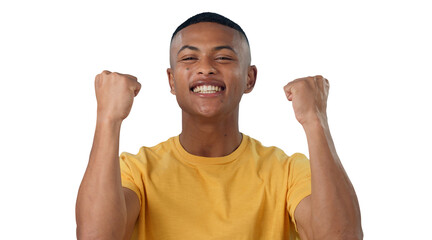 Man, portrait and excited for success with fist on an isolated png and transparent background. Male person, winning and celebrating with gesture for a giveaway, prize or winner bonus for achievement