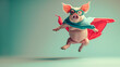 Pig superhero in eye mask and cloak flying on a blue background.
