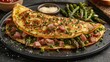 a ham and asparagus omelette, filled with diced ham, asparagus spears, and Swiss cheese