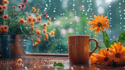 Wall Mural - a coffee cup on a window sill, with spring raindrops on the glass and a view of blooming flowers outside.