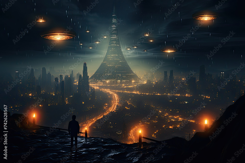 Solitary figure stands overlooking sprawling futuristic city ...