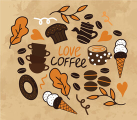 Wall Mural - Coffee design drawing. Vector drawing cup of grain coffee ice cream sweets doodle. Hand drawing on paper texture. Vector file design elements.