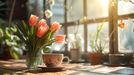 Wall Mural - A cozy image of a coffee cup in a garden cafe, with a bouquet of tulips on the table and a warm spring breeze