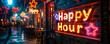 Vibrant neon sign with the words Happy Hour and colorful symbols, lighting up a brick wall, inviting to discounted leisure time at a bar or pub