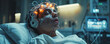 A patient wearing a brain-computer interface headset participating in a study to restore movement through neural implants surrounded by monitoring equipment