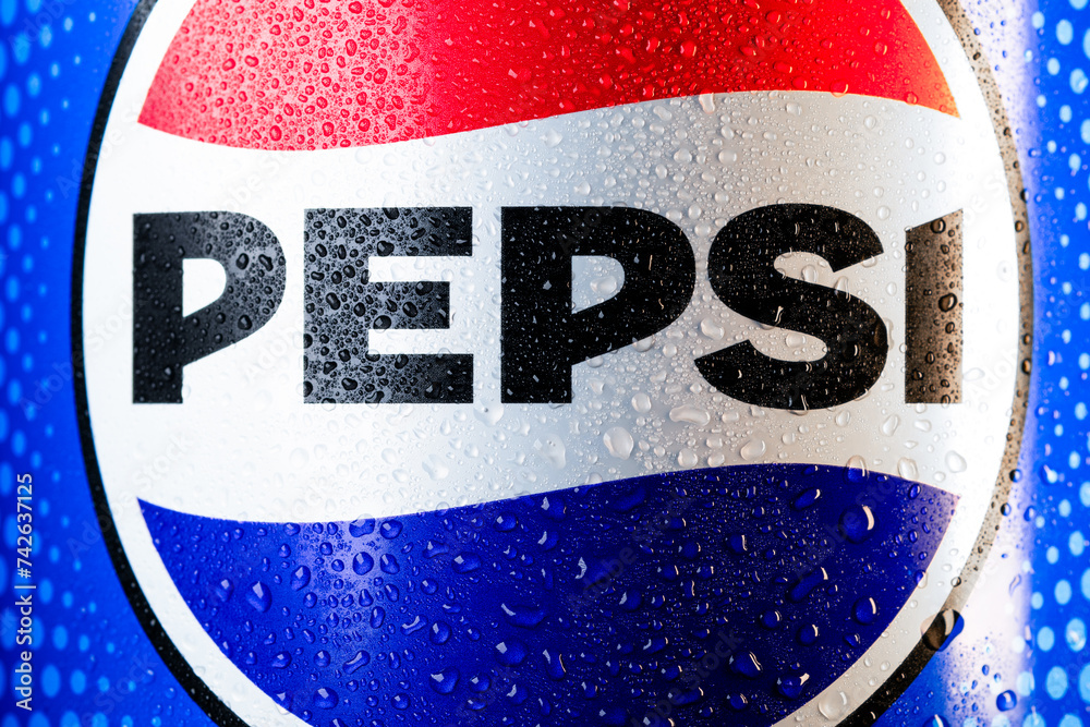 Retro PEPSI logo covered with water drops. Cold bottle of Pepsi