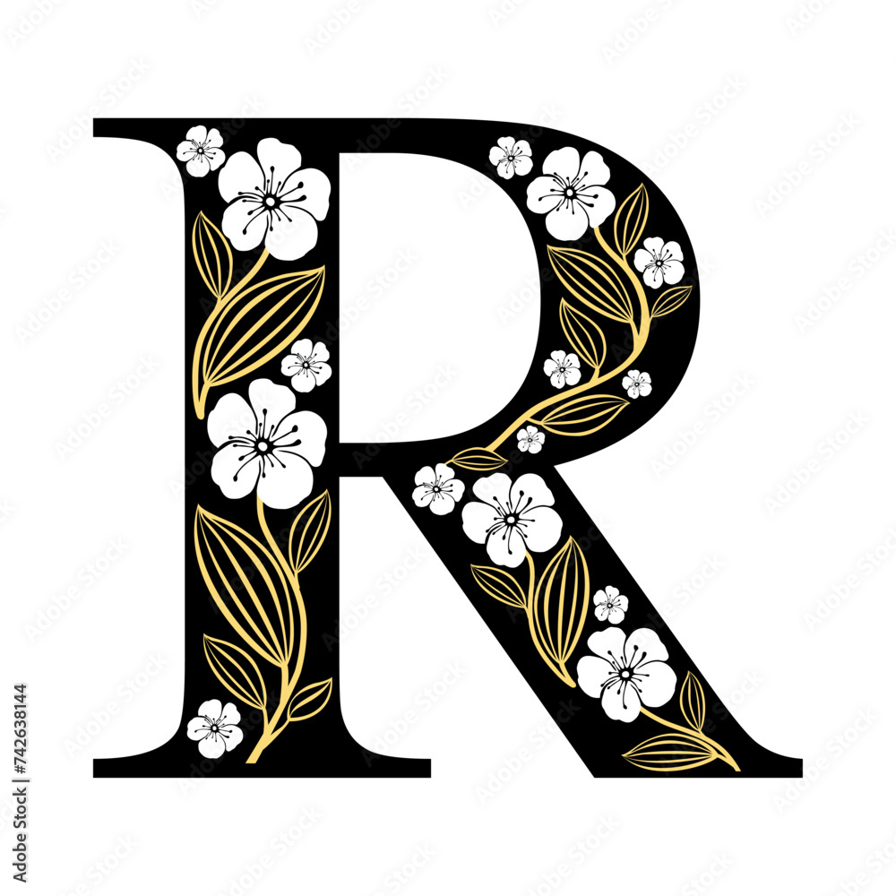 Flowery Script Letter R Alphabet R flower font made of paint floral. Luxury design. Sweet ...