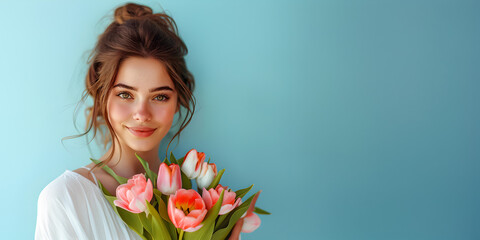 Wall Mural - March 8, International Women's day background. A women holding tulip flowers.