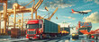 © master1305 - Truck, cargo ship and airplane at busy port symbolizing global trade. Poster for global trade and export-import services firm.