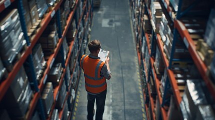 Wall Mural - Aerial view of warehouse worker checking shipping labels with inventory list on tablet. Large warehouse shelves full of packed boxes and goods