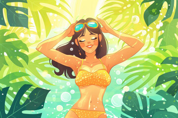 Wall Mural - illustration of a Happy girl in swim suit in summer pool, cartoon style