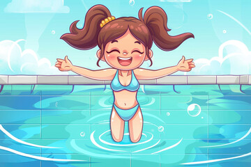 Wall Mural - illustration of a Happy girl in swim suit in summer pool, cartoon style