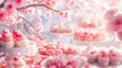 Cherry blossoms in full bloom with pastel-colored confections on a pink backdrop.