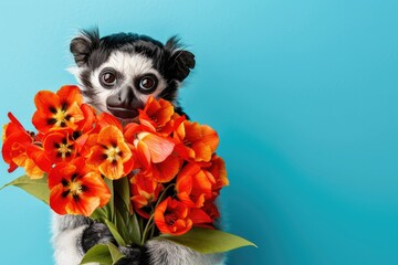 Sticker - Cute little monkey with a bouquet of red flowers on a blue background. A monkey with blooming poppies.