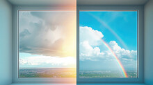 Comparison Collage, Window With Rainy Weather, Drops, Second Half With Sunny With Rainbow, Sky With Clouds