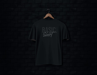 Wall Mural - Men's black short sleeve t-shirt mockup in black wall surface with dark bricks. Front view. Vector template.