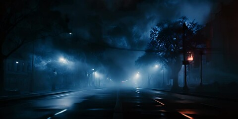 Poster - Blue dark background of empty foggy street with wet asphalt, illuminated by a searchlight, laser beams, smoke 4K Video