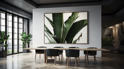 Poster - hyper-realistic images of Bird of Paradise leaves reflecting in a modern office setting. Frame the composition to showcase the contemporary aesthetics and clean lines, creating a visually pleasing and