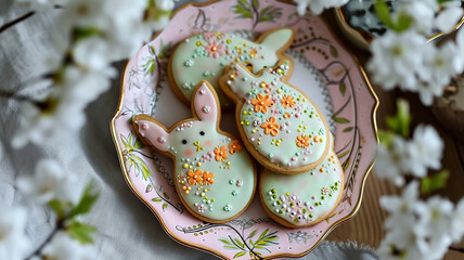  Delicious sweet Easter cookies in the shape of a rabbit with glaze and a beautiful ornament on a decorative plate