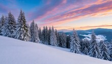 spruce forest on the snow covered hill in evening light mountainous countryside scenery in winter at sunset frosty weather with hoarfrost on the trees and purple clouds on the sky