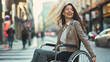 Disabled woman in wheelchair commuting to work. Businesswoman with disability on her way to the office. Smiling candid Paralympic woman in Paris