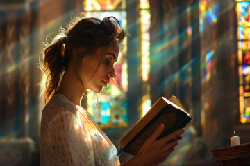 a beautiful and young woman reading bible in a church with heaven light, praying to god