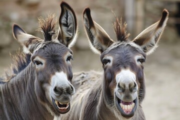 two funny laughing donkeys outside