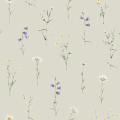 Wall Mural - Seamless pattern watercolor meadow flower with white chamomile and violet bluebell. Repeat wallpaper forest flower yellow ranunculus. Hand drawn illustration on isolated background.
