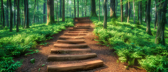 Forest path through green trees and underbrush, an invitation to explore the beauty and tranquility of nature
