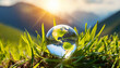 Glass Globe On Grass Moss In Forest - Green Planet With Abstract Defocused Bokeh Lights - Environmental Conservation Concept