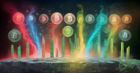 Fototapete - A mesmerizing art display of bitcoins floating in a circle, illuminated by visual effect lighting on a dark background, creating a symmetrical and visually stunning logo for an entertainment event
