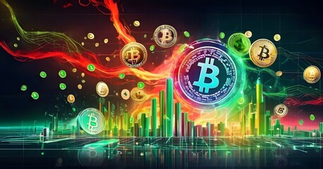 Fototapete - A mesmerizing art display of bitcoins floating in a circle, illuminated by visual effect lighting on a dark background, creating a symmetrical and visually stunning logo for an entertainment event