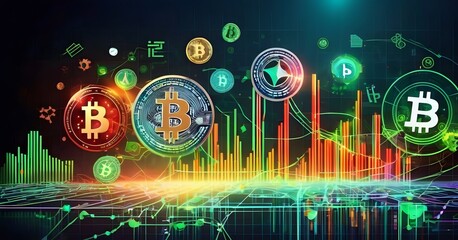 Fototapete - A mesmerizing art display of bitcoins floating in a circle, illuminated by visual effect lighting on a dark background, creating a symmetrical and visually stunning logo for an entertainment event