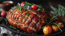 Baked Ham Glazed On Table Closeup, Easter Holiday Traditional Menu