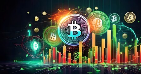 Fototapete - A collection of bitcoins are displayed floating in the air on a vibrant background, creating an artistic scene with graphics and patterns