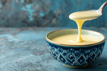 Wall Mural - A spoon is seen pouring white sauce into a bowl on a blue background, showcasing childhood arcadias, raw vulnerability, unpolished authenticity, and light yellow and light amber colors.