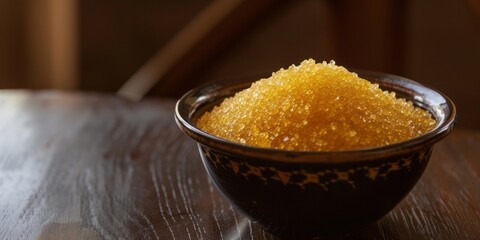 Wall Mural - A bowl, filled with yellow sugar, sits on a dark wood table, its rounded shape and exotic look are emphasized by the stipple effect.